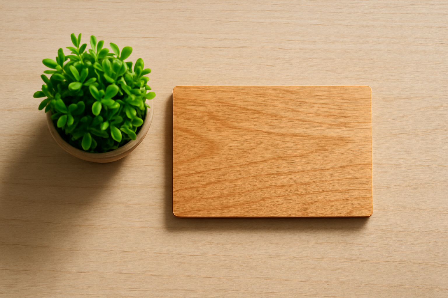 no logo no txt just a simple wooden card on the desk, with a plant aside and a look from up to the desk view.